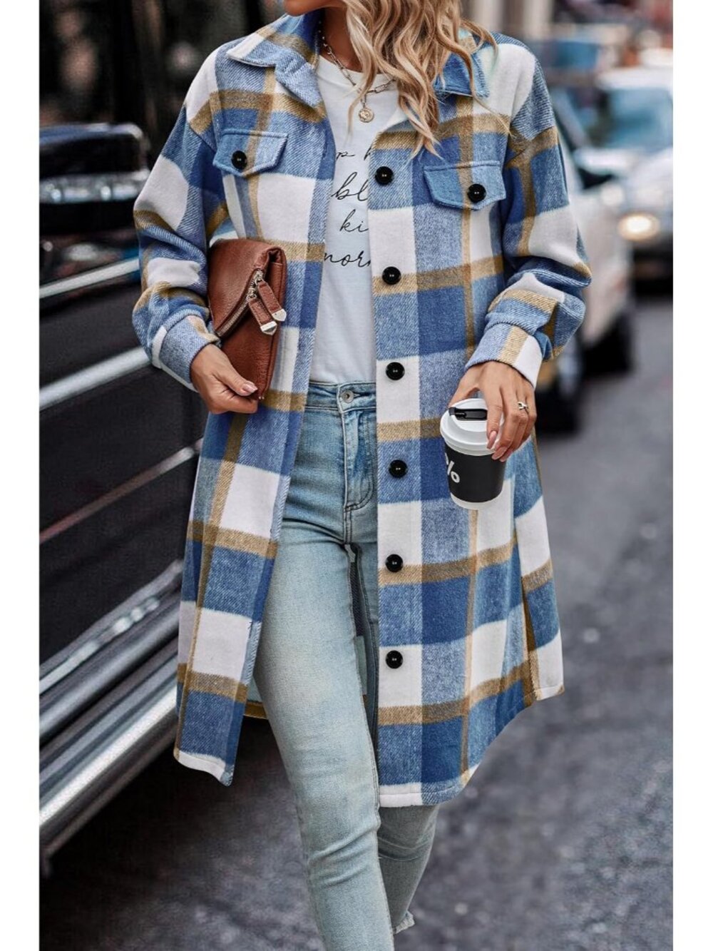 Women’s Plaid Blue White Long Sleeve Button Up Oversized Shacket Shirt Jacket - Picture 4 of 6